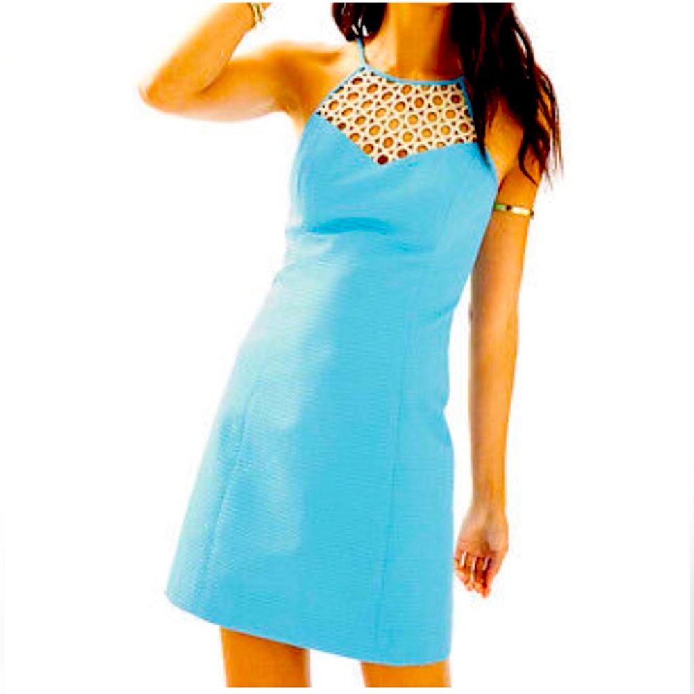 Lilly Pulitzer Larina Seaspray Blue Gold Lace Yoke Shift Dress, Size 6